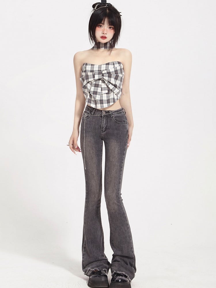 Washed Gray Jeans Low-Rise Flared with Finish Fly Button