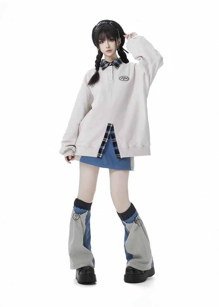 ポロカラーフェイクツーピースホワイトスウェットシャツ