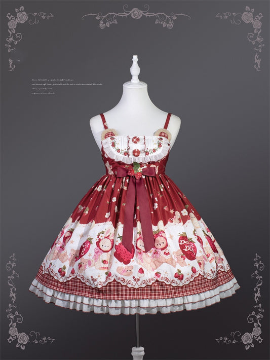 Wine Red Strawberry Bear Sweet Lolita Dress Cottagecore Country Jumper Skirt