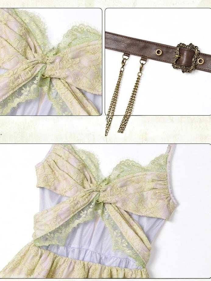 Fairycore Green Purple Butterfly Lace Sleeveless Dress Brown Belt - Virtual Orbit