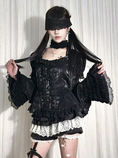 Black Lace-trimmed Sleeves Neck with Puff Sleeve Short Blouse Square