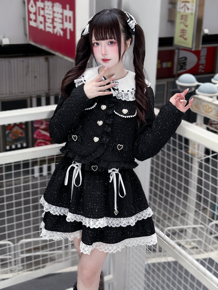 White Kei Skirt Lace-Up Black with Tweed Jirai Trim Lace Detail Tiered