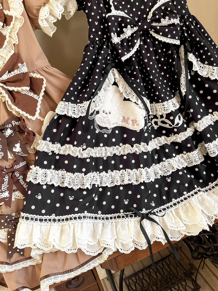 Quadratisches Kleid mit Häschen und Punkten, süßes Lolita-Muster, Ausschnitt, schwarze Ohren