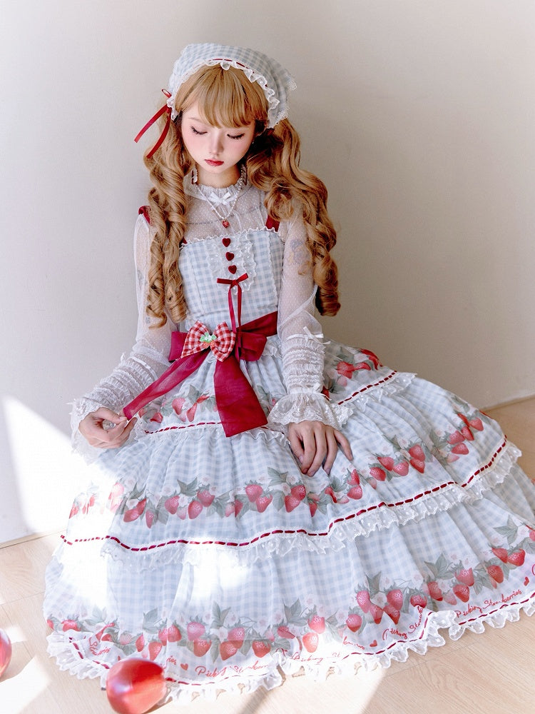 Strawberry Print Blue Lolita Gingham Dress Sweet Summer Lolita Jumper Skirt