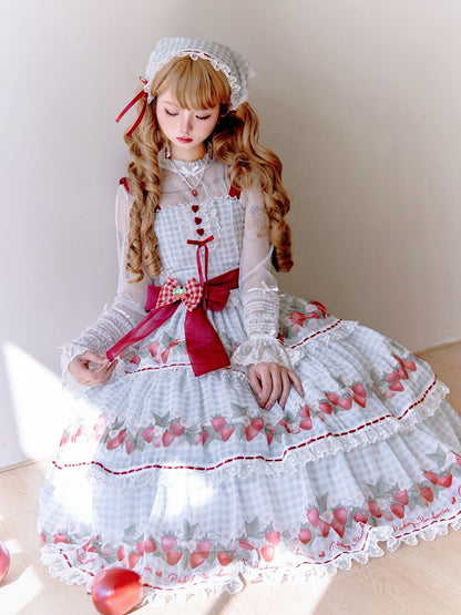 Strawberry Print Blue Lolita Gingham Dress Sweet Summer Lolita Jumper Skirt