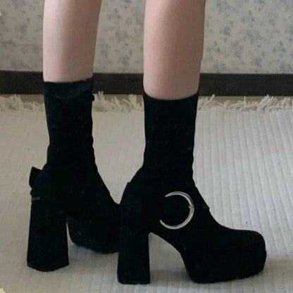 Toe Black Design Block Square Platform High Boots Heel with