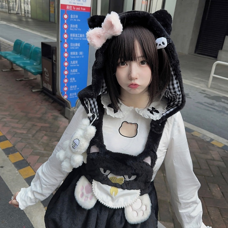 Detachable with Plush Paw Kawaii Soft Hood Cat-Ear Cat Embroidery Bloomer Shorts Overall Black