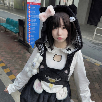 Detachable with Plush Paw Kawaii Soft Hood Cat-Ear Cat Embroidery Bloomer Shorts Overall Black
