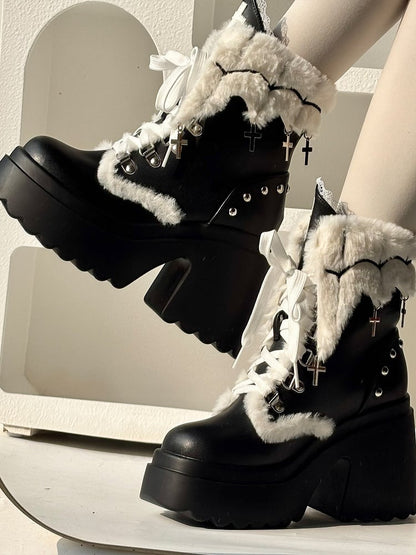 Punk Ankle with High Charm Cross Block Cuff Studded Heel Details Boots Plush Black Platform -