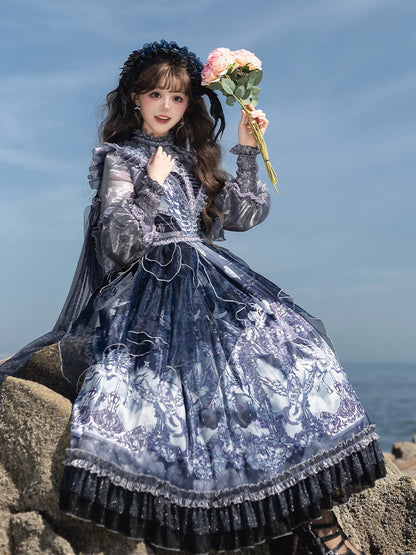 Waist Full Blue Lolita High Set with Jumper Overlay Print Skirt Angel Dark