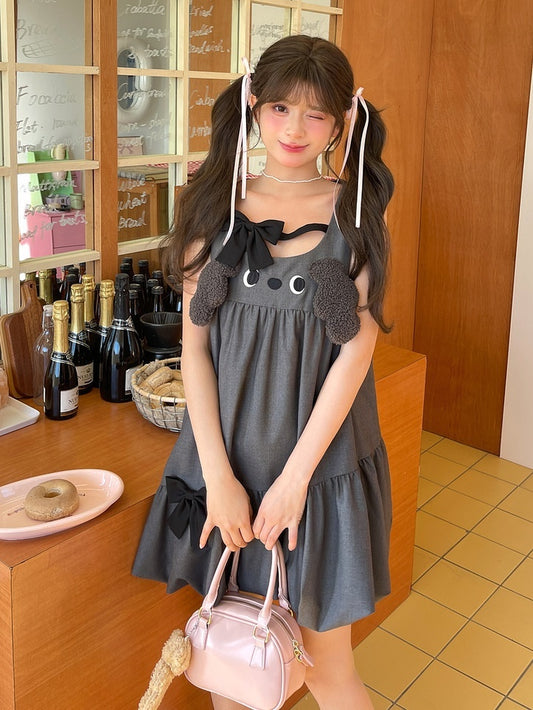 Design Bowknot Dress Bubble Skirt Accents Sleeveless Gray Plush Puppy Ears