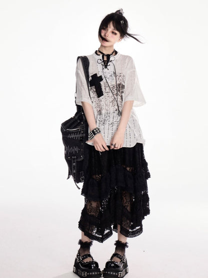 Y2K Holes Black/White Lace-up Mock Neck Distressed