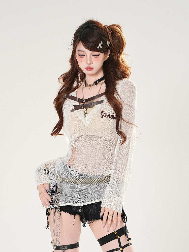 メッシュ ホワイト/グレー ホール Vネック バックルストラップ ダメージ加工