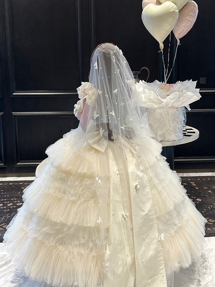 Ruffled Bow Accent with Details Layered Lolita and Tulle Hime White Dress