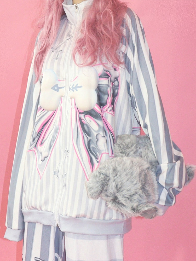 Pattern Striped Fashion Gyaru Gray Jacket Bow Bone Big Print