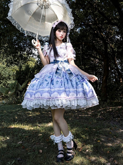 Romantic Floral Puff-Sleeve Dress with Lace, Pearl & Overlay - Mademoiselle Pearl