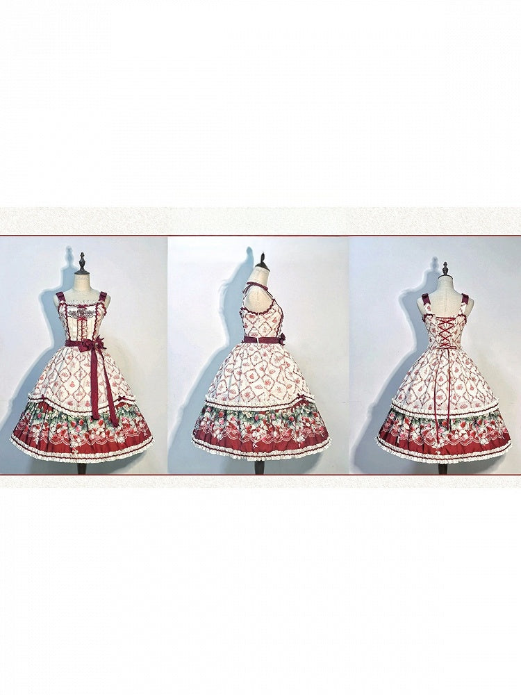 Strawberry Garden Red & White Floral Printed Lolita JSK Gown - Currant