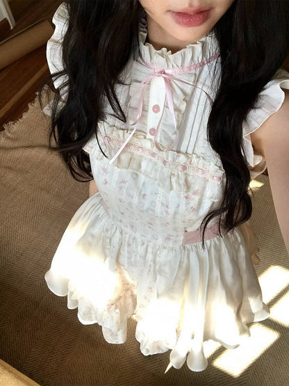 White Seiso-Kei Floral Flutter Sleeve Dress Ruffle - LA LA JK