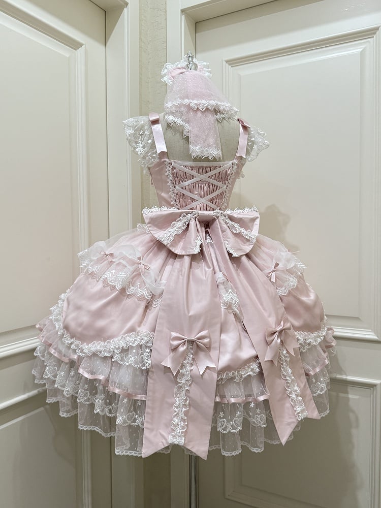 with Bow / Lace Cute Princess Full JSK Veil + Dress Lolita Big Pink Heart Doll-Style Details Set Train