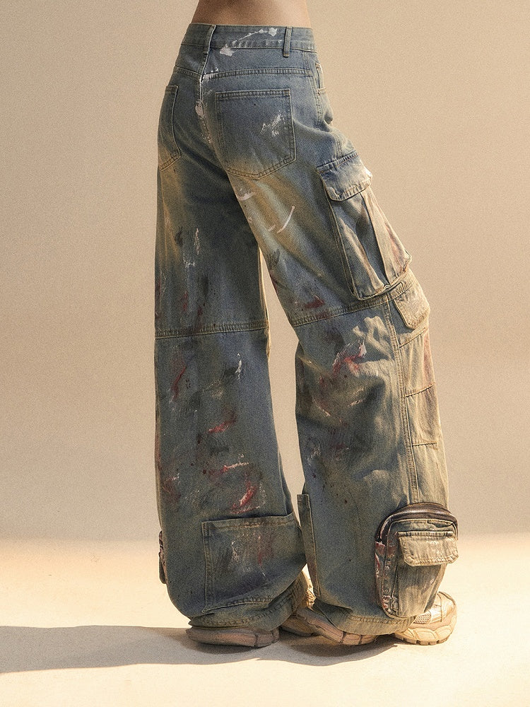 Blue Distressed Wide-Leg Jeans with Cargo Pockets and Zippers - Shao Ye Yan