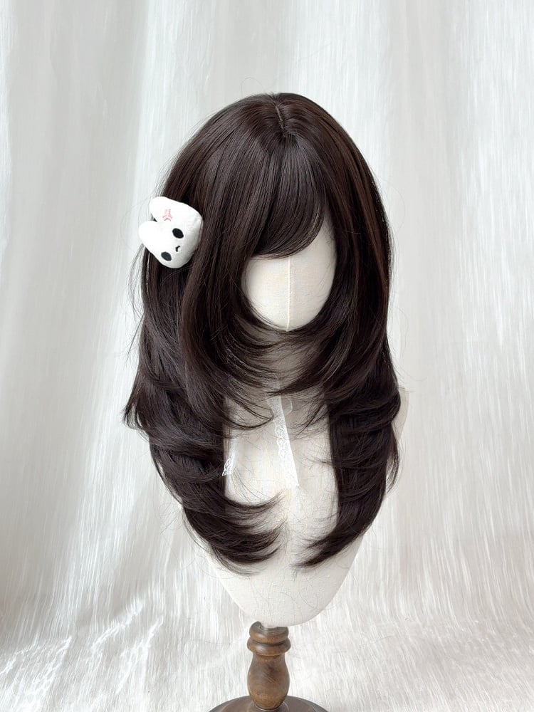 Black Tea Long Straight Wig with Side-swept Bangs - Sleepy Fish