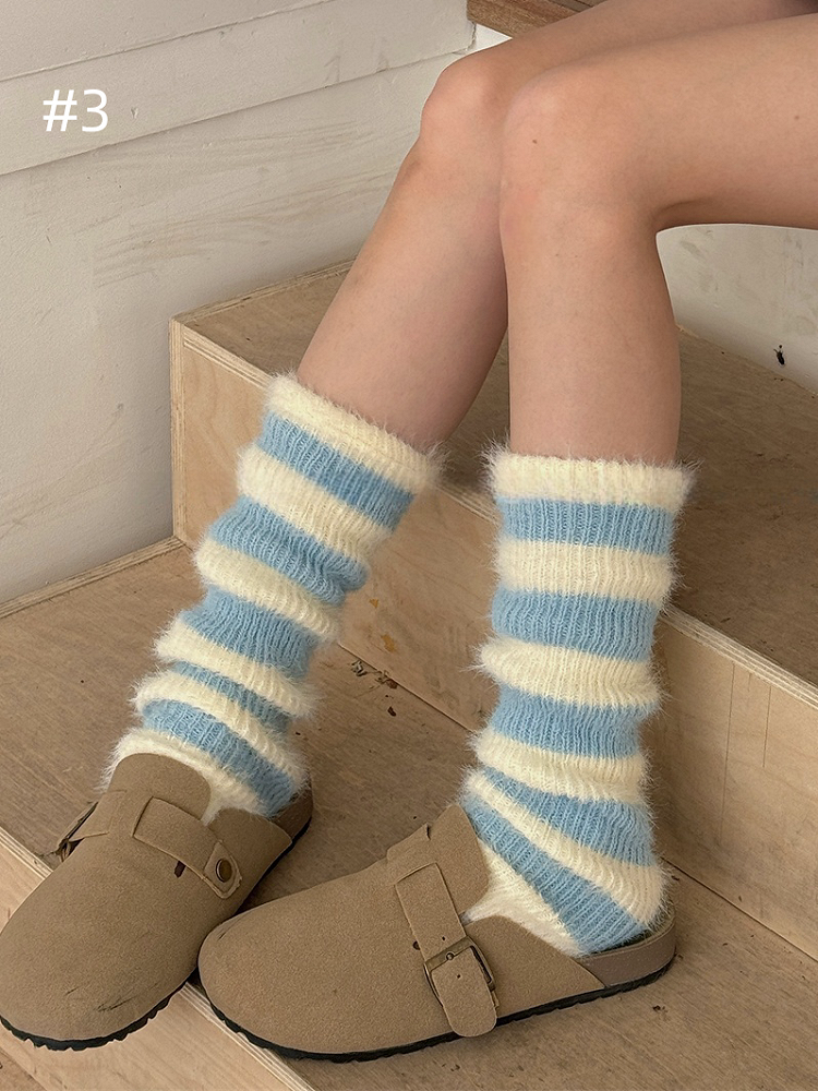 Y2K Striped Pattern Knitted Plush Leg Warmers