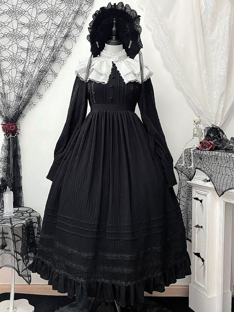 Lolita High Collar Sleeves Gothic Black Dress + Waist Long Kuro