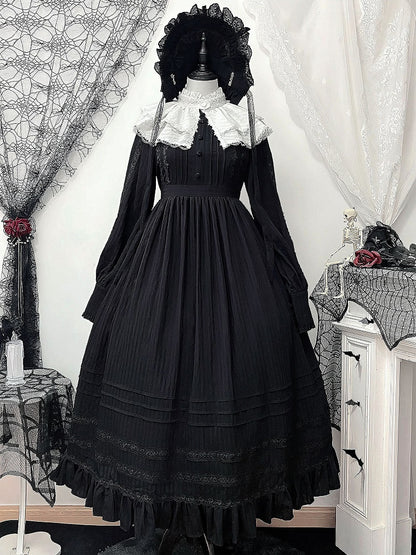 Lolita High Collar Sleeves Gothic Black Dress + Waist Long Kuro