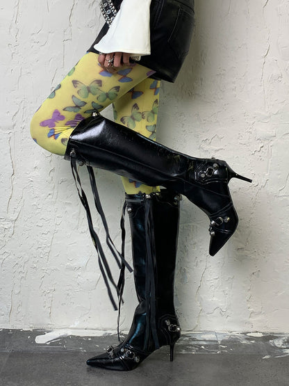 Hellgrüne Y2K-Schmetterlingsstrumpfhose