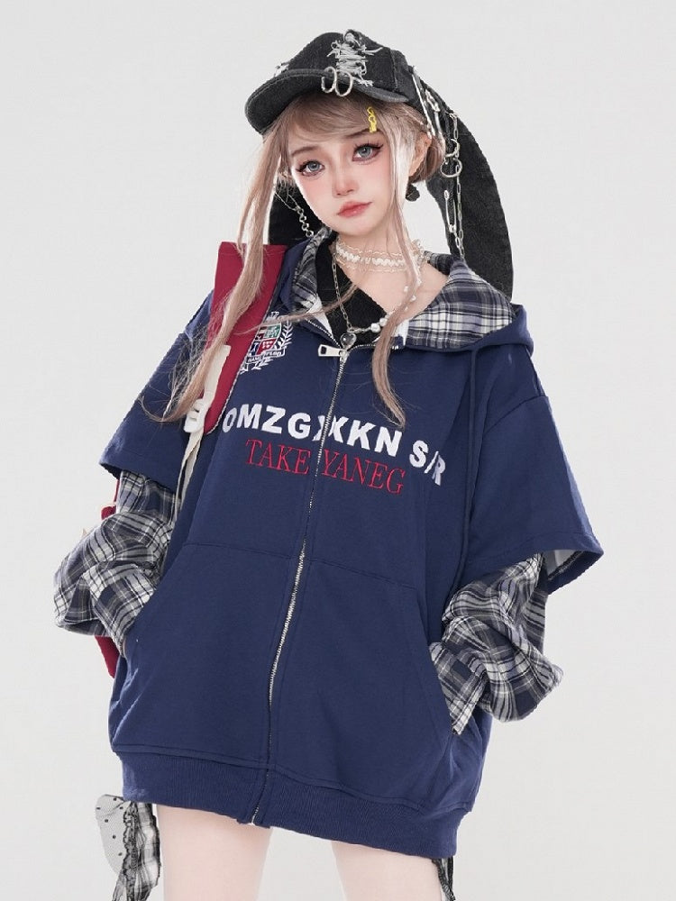 Weiß Schwarz Ärmel Plaid Blau Navy Patchwork Hoodie