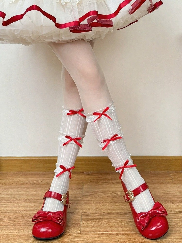 Lolita Calf Socks with Striped Ruffle & Bow Accents, 6-Color Options - Fat Bear Story