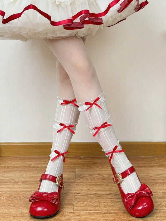 Lolita Calf Socks with Striped Ruffle & Bow Accents, 6-Color Options - Fat Bear Story