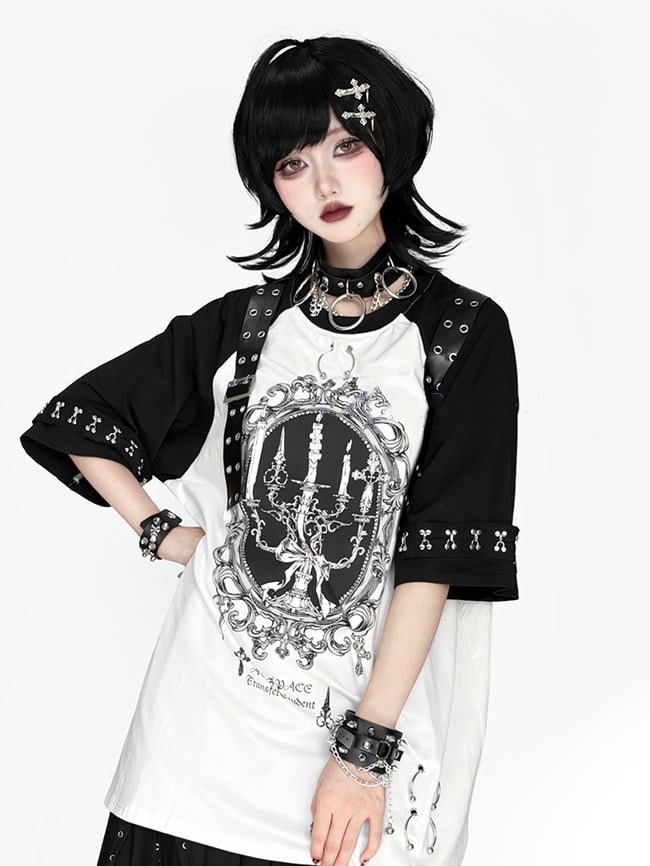Shoulder Punk on Buckle Frame Print Picture with Cuffs Candelabra Rock Black White T-Shirt and - Details