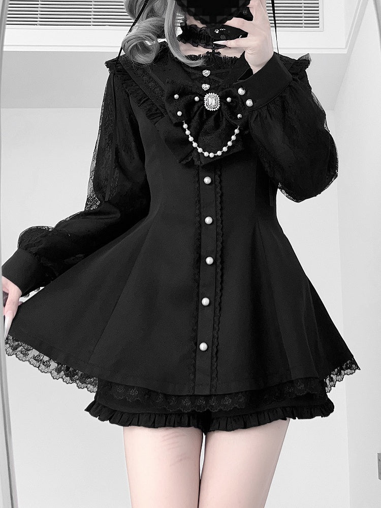 Set: Kei Coord Sleeve Navycore Dress Collar x Long Jirai Matching All-Black Shorts Sailor