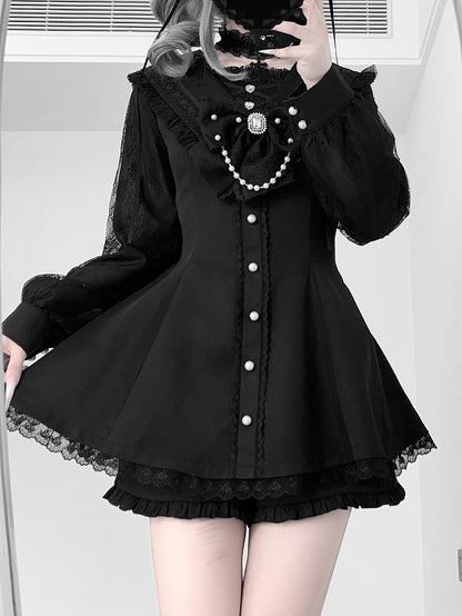 Set: Kei Coord Sleeve Navycore Dress Collar x Long Jirai Matching All-Black Shorts Sailor