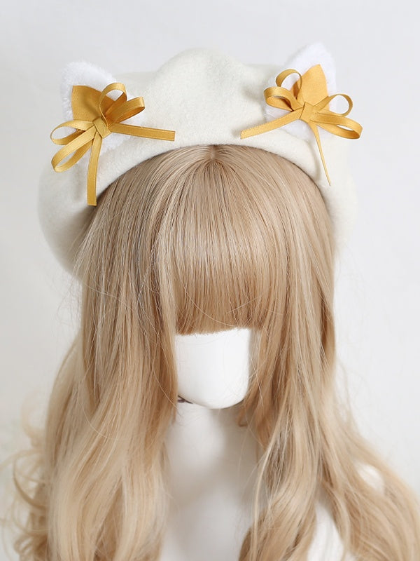 Colors Lolita Cute Off-white 11 Beret With Kitty Bowknot Ears
