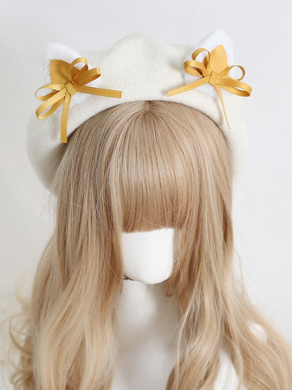 Colors Lolita Cute Off-white 11 Beret With Kitty Bowknot Ears