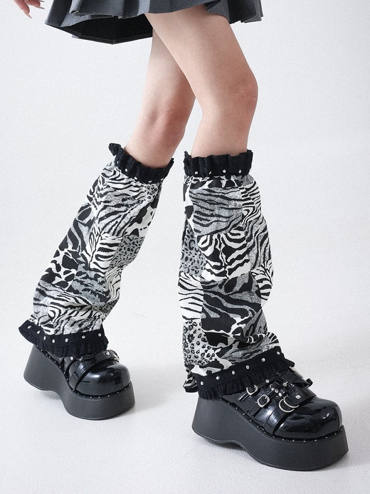 Black and White Zebra Pattern Ruffle Leg Warmers - Solost