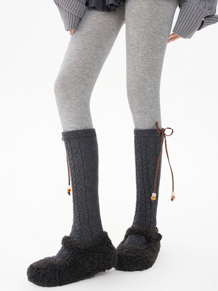 Detail with Bow Socks Knit 5-Color Bead Calf Pointelle