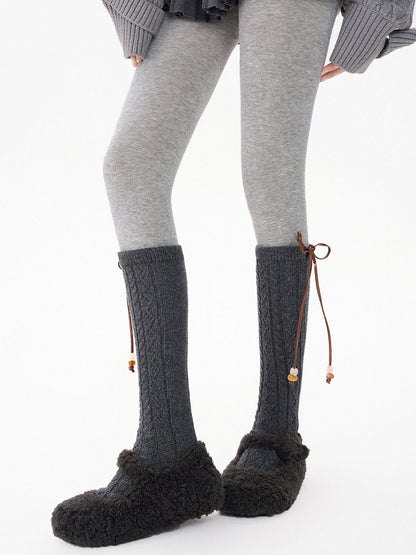 Detail with Bow Socks Knit 5-Color Bead Calf Pointelle