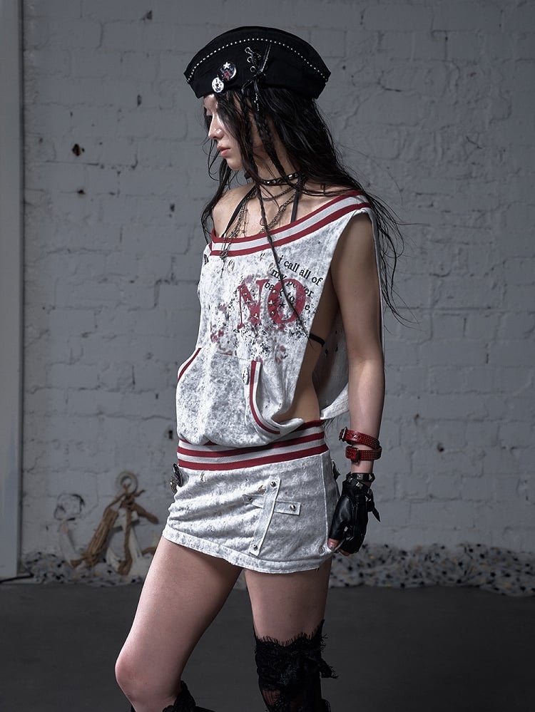 Asymmetrischer Ausschnitt Grau/Weiß Wasteland Punk Distressed Kleid