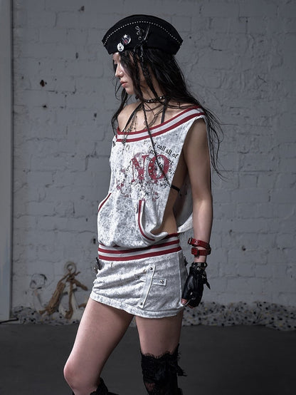 Asymmetrischer Ausschnitt Grau/Weiß Wasteland Punk Distressed Kleid