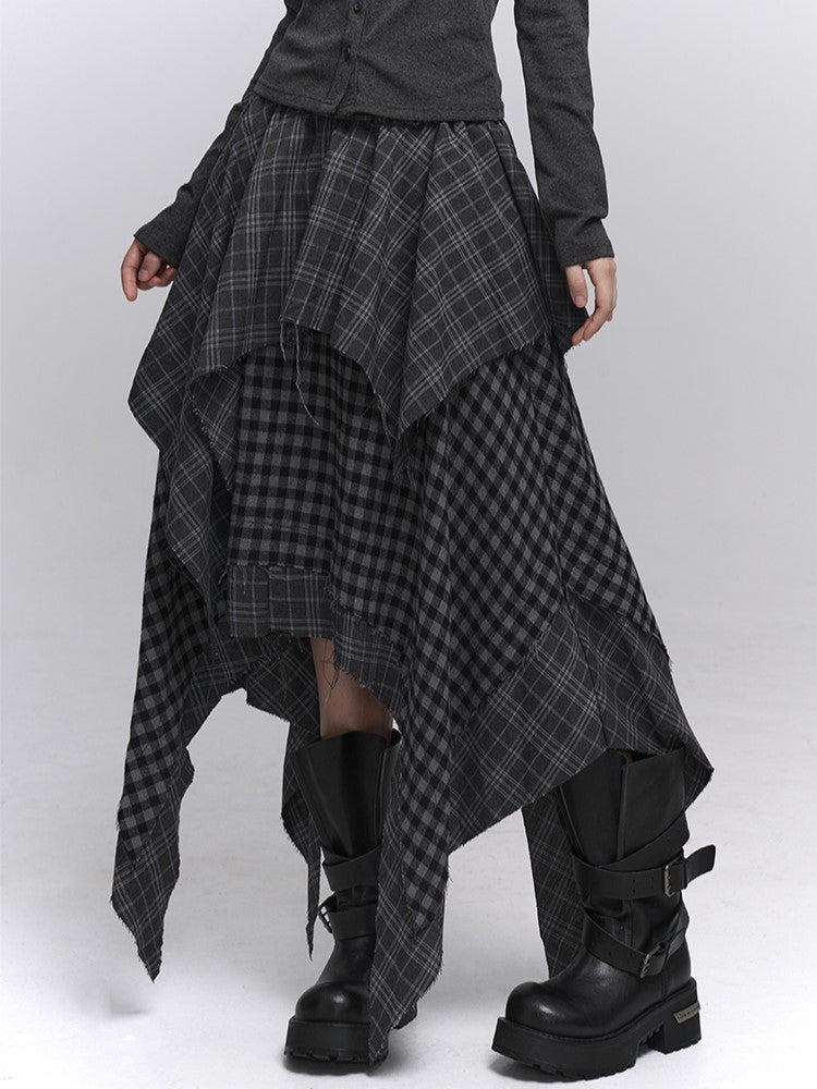 Hem Handkerchief Black Patchwork Skirt Waist with Elastic Plaid Gray Tiered