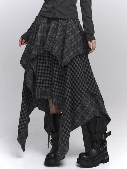 Hem Handkerchief Black Patchwork Skirt Waist with Elastic Plaid Gray Tiered