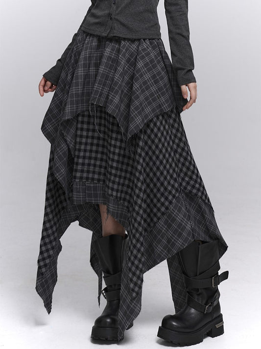 Hem Handkerchief Black Patchwork Skirt Waist with Elastic Plaid Gray Tiered