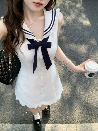 Beige Blue Sailor Collar Lace Trim Dress - Qchiwawameme