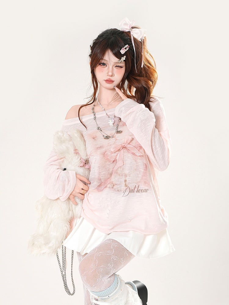 Coverup Adorable Kitten Print Asymmetrical Neckline Pink Semi-sheer