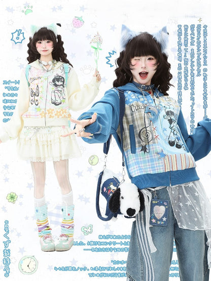 Girl Cartoon Zip-Up Patchwork Print Plaid with Blue/Beige Hoodie Winged