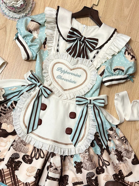 Herzförmige, cremefarbene Lolita-Schürze mit flatternden Trägern