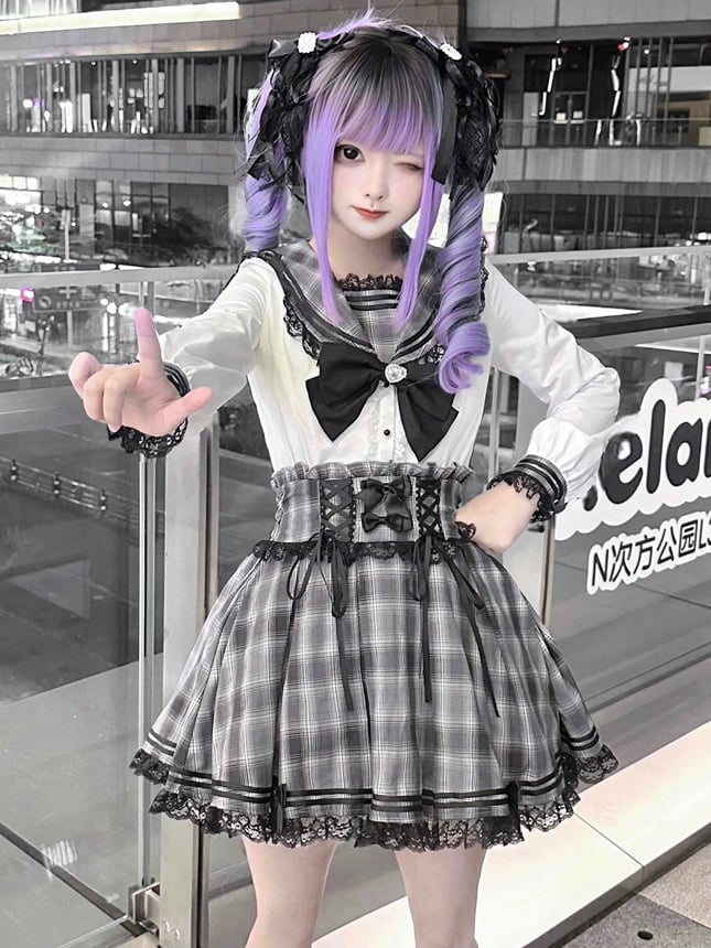 White Gray Kei Long Plaid Collar Sleeves Sailor Blouse Jirai with Bunny-Ear